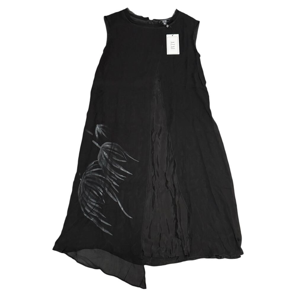 NEW Azai Mini Dress Sleeveless Asymmetric Hem Sheer Overlay Artsy Black Small